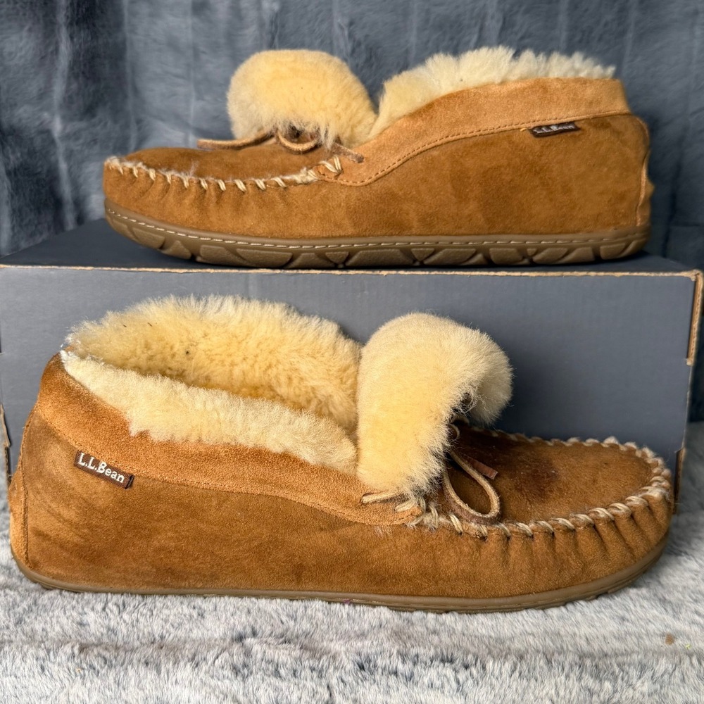 LL Bean Mens Wicked Good Moccasins Brown Suede Shearling Slippers 9M 270842
